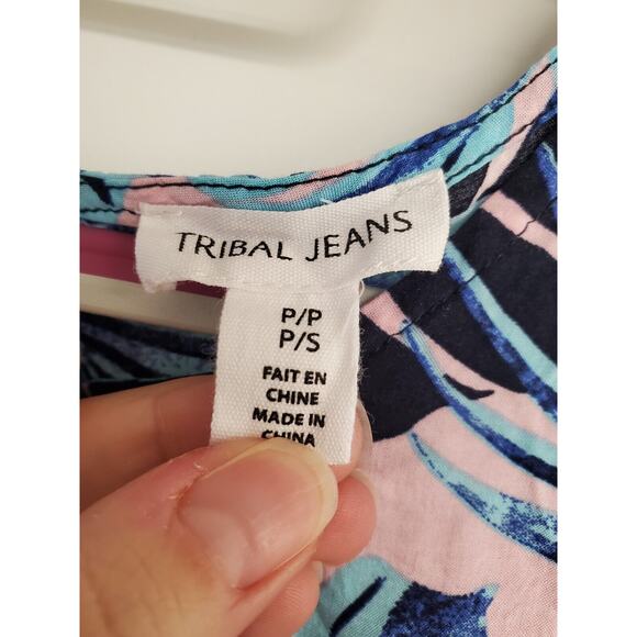 Women's Tribal Jeans Blue & Pink Tropical Jungle Floral Side Tie Tank | Size PS - Picture 12 of 13